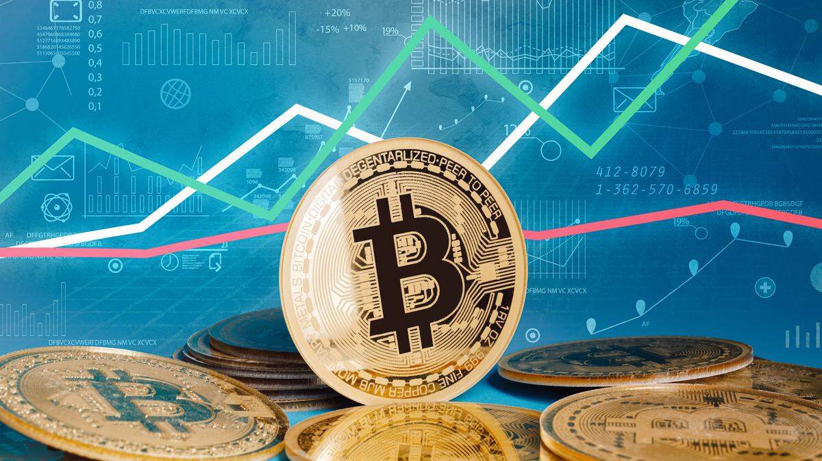 Bitcoins on a blue background