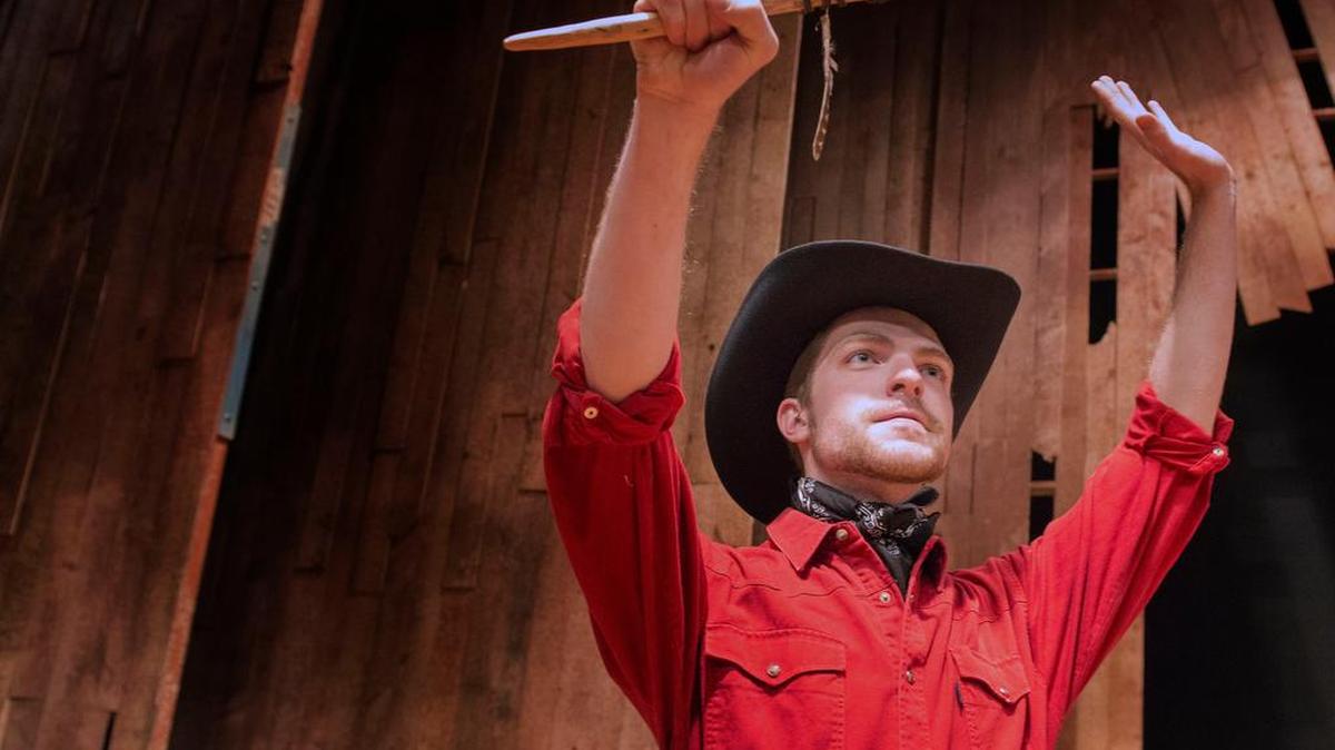Johnny Link, who plays Starbuck in the Penn State Centre Stage production of “110 in the Shade,” rehearses a scene at the Playhouse Theatre on Feb. 3.