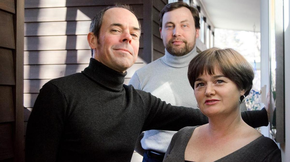 From left: John Austin, Mike Waldhier and Caitlin Osborne will perform in The Next Stage’s “Betrayal.”