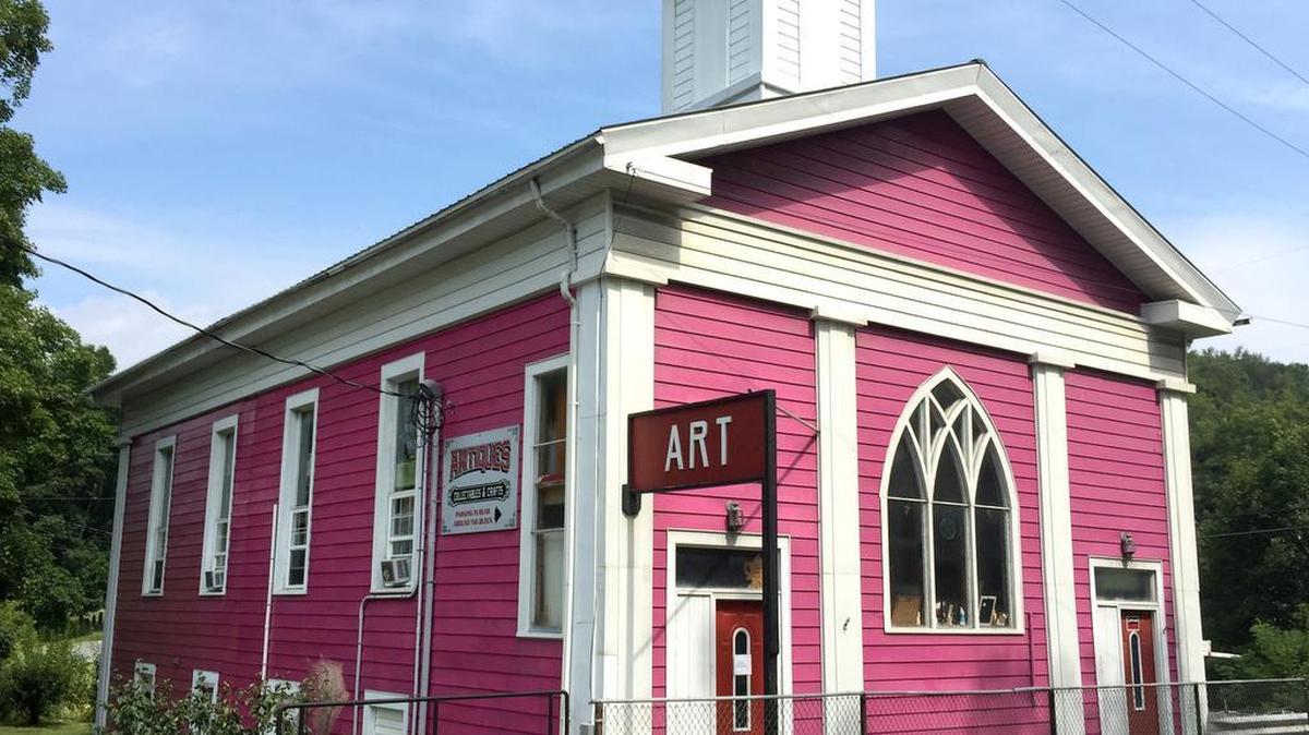 The distinctive color of Mary’s Pink Church comes from oxidized red paint.