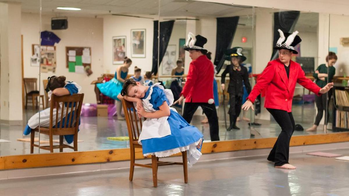 Eliza Hancock, left, and Jackson Pavlik rehearse “Shades of Alice” for the Dec. 19 performance.