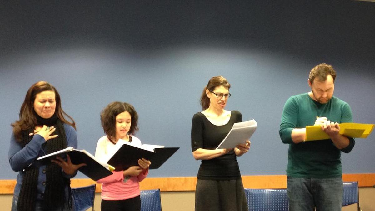 The cast of “Accidents of Being,” from left, Lissa Ramirez, Miranda Marks, Elaine Meder-Wilgus and Mike Waldhier, rehearse for the upcoming production at The State Theatre.