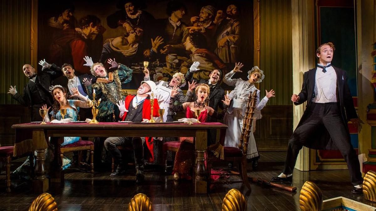 The cast of the national touring production of “A Gentleman’s Guide to Love and Murder” stars with James Taylor Odom as Lord Adalbert D’Ysquith, in red, and Blake Price, far right, as Monty Navarro.