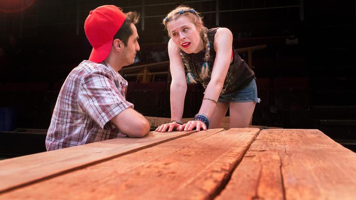Zuhdi Boueri, left, and Jordon Cooper rehearse a scene for the Penn State Centre Stage production of “Barbecue.”