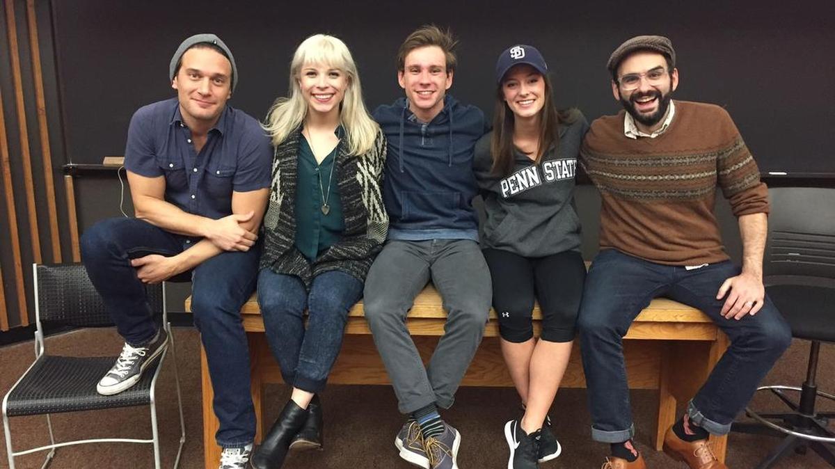From left: Broadway performers Eric William Morris and Lauren Marcus and Penn State students Joseph Allen and Samantha Littleford pose with New York City writer Joe Iconis, who has worked with the Penn State musical theater program since last spring.