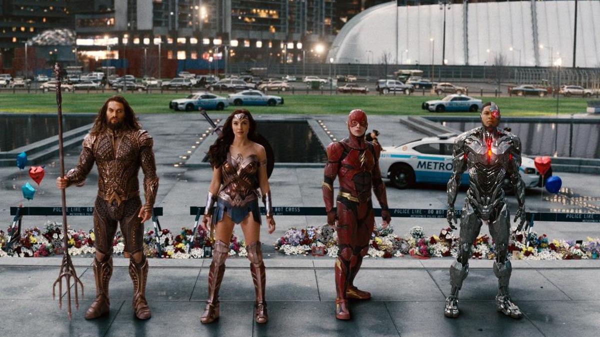 This image released by Warner Bros. Pictures shows Jason Momoa, from left, Gal Gadot, Ezra Miller and Ray Fisher in a scene from “Justice League.”