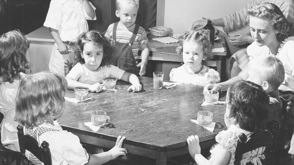 The State College AAUW founded a nursery school, seen here in a 1945 photo, to help working mothers.