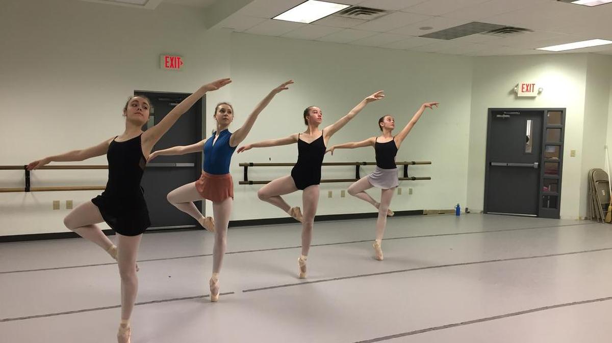 Gillian Dash, Madelyn Wolf, Alyssa Boob and Anna Snellgrove rehearse for the Performing Arts School of Central Pennsylvania’s “Cinderella.”
