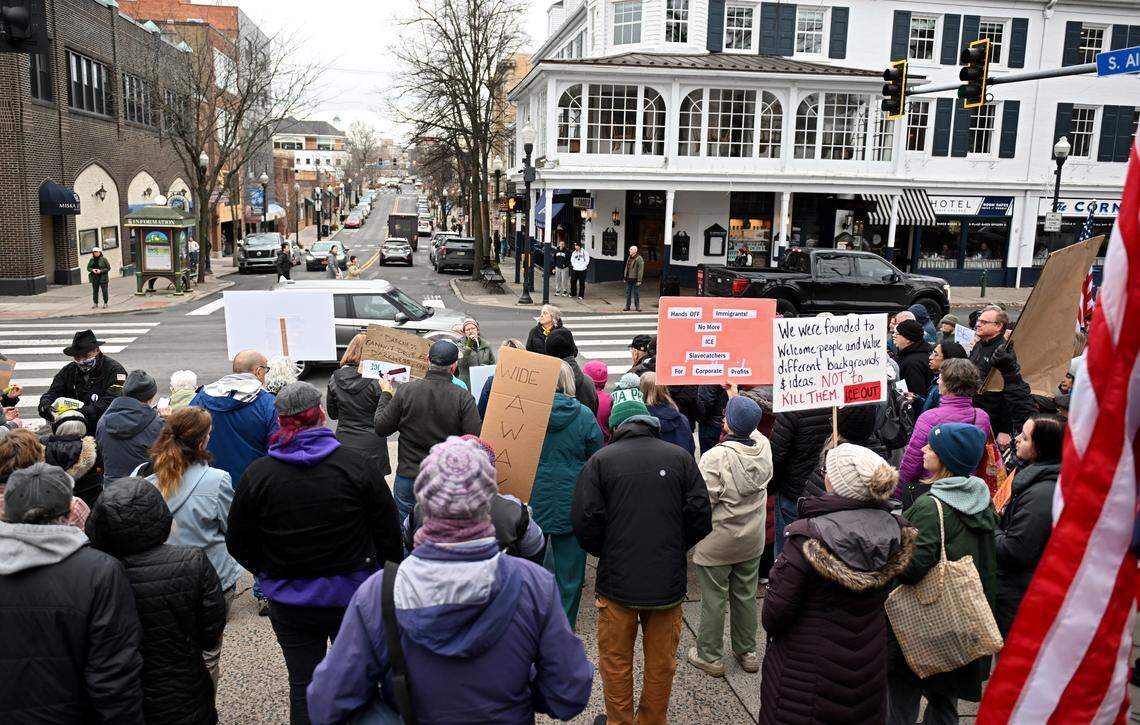 Maren Larson speaks to the crowd gathered at the Allen Street Gates to protest ICE on Saturday, Jan. 10, 2026.  Protests were held around the country after the killing of Renee Nicole Good.  