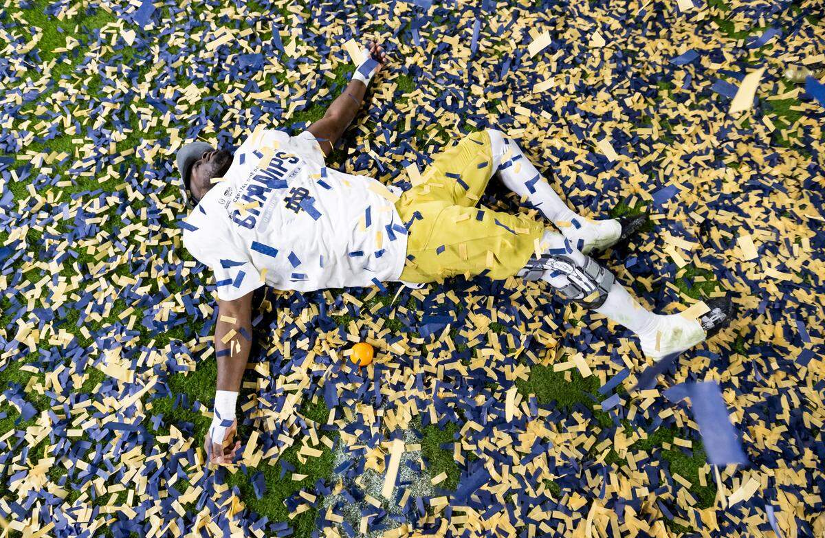 Notre Dame celebrates in the confetti after beating Penn State in the College Football Playoff Semifinal Capital One Orange Bowl at Hard Rock Stadium on Thursday, Jan. 9, 2025, in Miami Gardens, Fla.