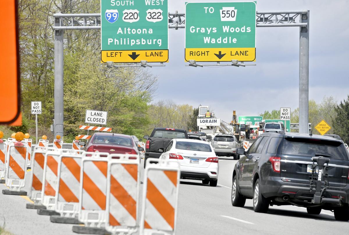Construction on the bridge over I-99 from North Atherton Street requires traffic to merge to one lane to Friday, May 3, 2019.