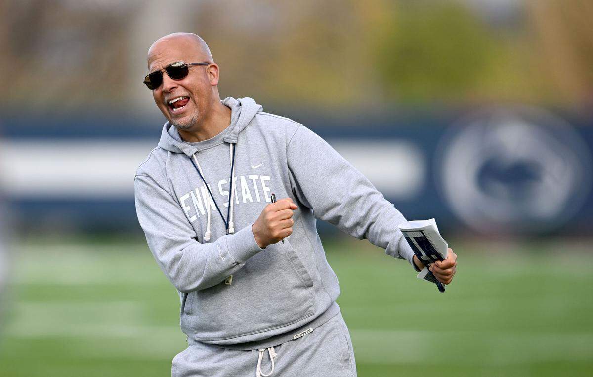 Penn State football coach James Franklin yells to players during spring practice on Wednesday, April 23, 2025.