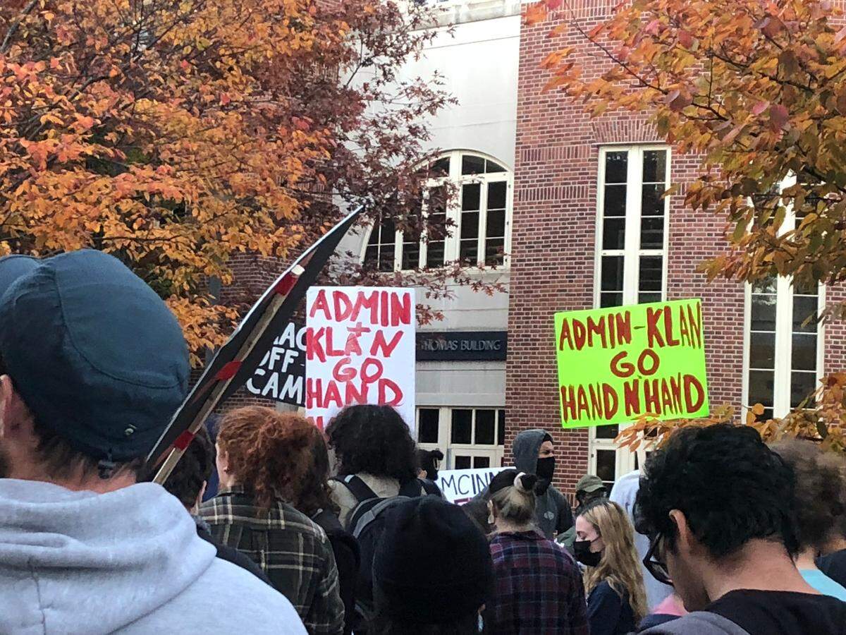 More than 100 people were protesting in front of the Thomas Building on Penn State’s campus at about 6 p.m. Monday, where the founder of the Proud Boys was set to appear at an event organized by a student group.