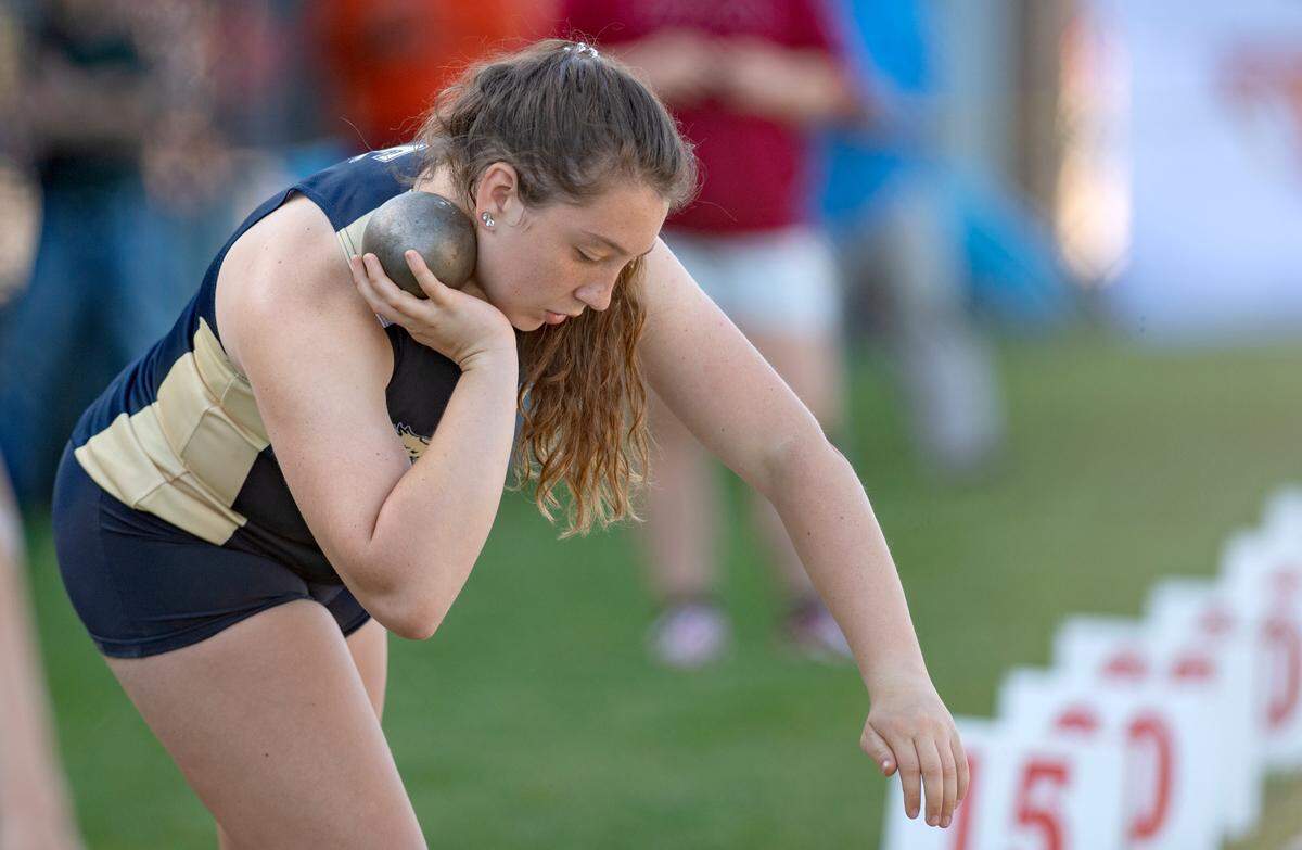 Bald Eagle Area’s Abigail Hoover competes in the shot put during the Mountain League Track and Field championships on Tuesday, May 10, 2022.
