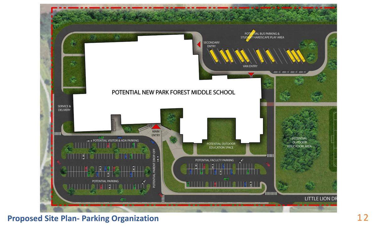 Overview of parking lot for the proposed layout for the new Park Forest Middle School building.