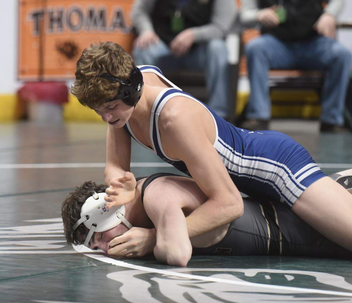Penns Valley’s Malachi DuVall earned an 8-2 decision over Western Wayne’s Matthew Leslie at 152 pounds Thursday during the first day of the PIAA Class 2A wrestling championships at the Giant Center in Hershey.