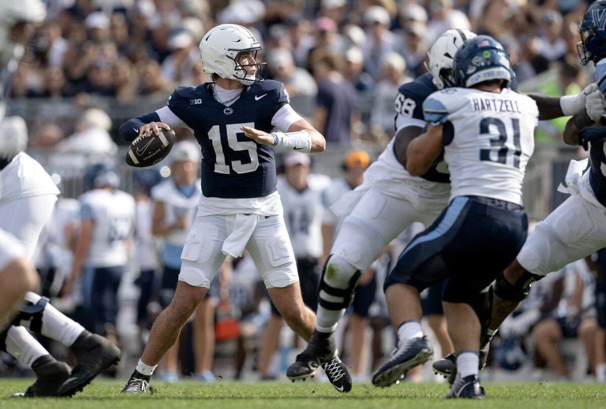 Penn State quarterback Drew Allar makes a pass during the game against Villanova on Saturday, Sept. 13, 2025.