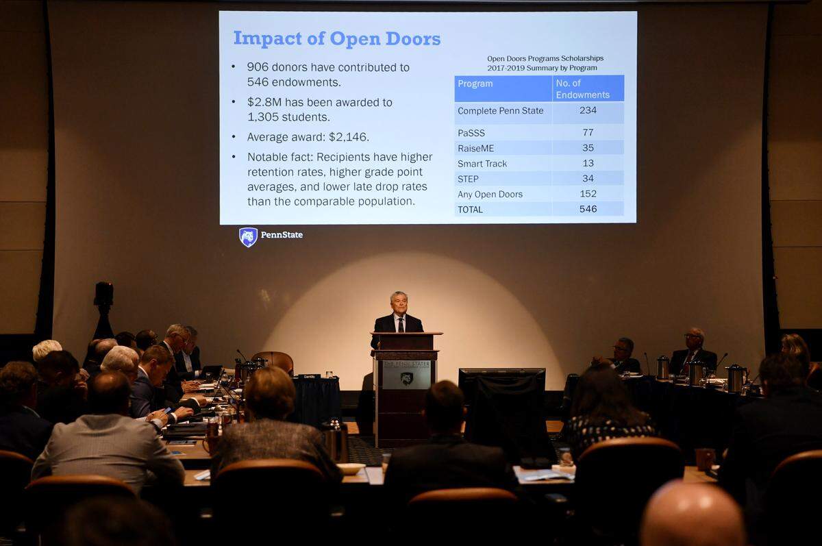 Penn State president Eric Barron gives his presentation on student debt during the Penn State Board of Trustees meeting on Friday, Sept. 13, 2019.