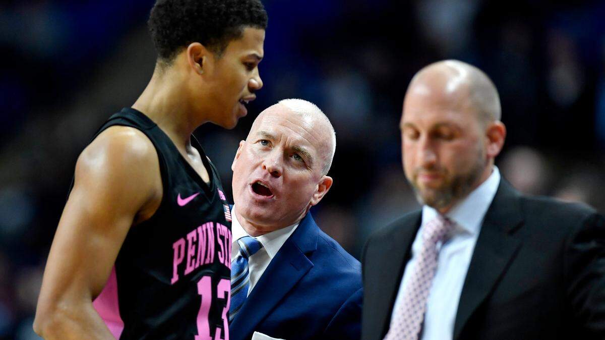 Penn State men’s basketball coach Patrick Chambers talks to Rasir Bolton as he comes off the court during the game against Virginia Tech on Tuesday, Nov. 27, 2018.