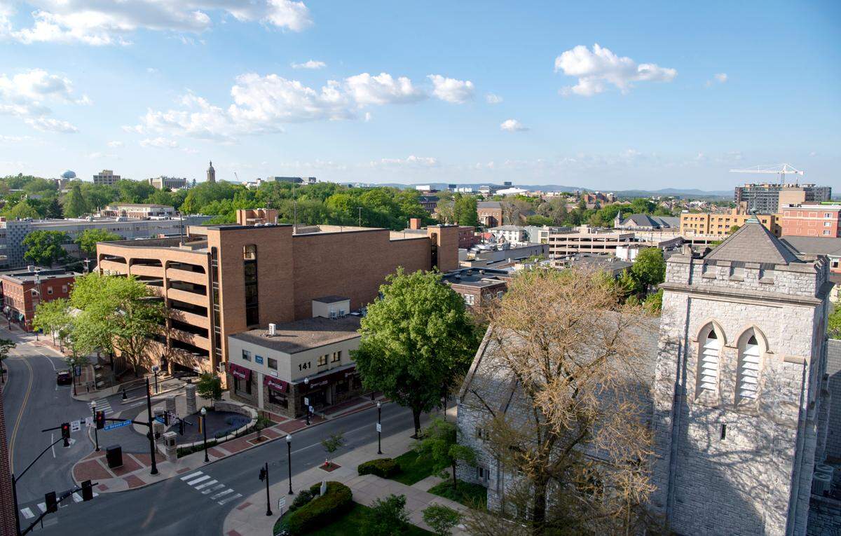 A view of downtown State College and the Penn State campus from the roof of the Beaver Parking Garage on Tuesday, May 26, 2020.