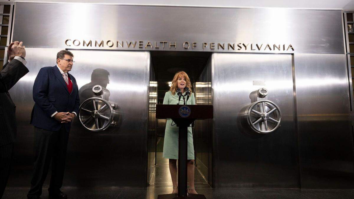 Pennsylvania Treasurer Stacy Garrity at a press conference in 2023 speaking about making it easier for people to have unclaimed money or property returned.
