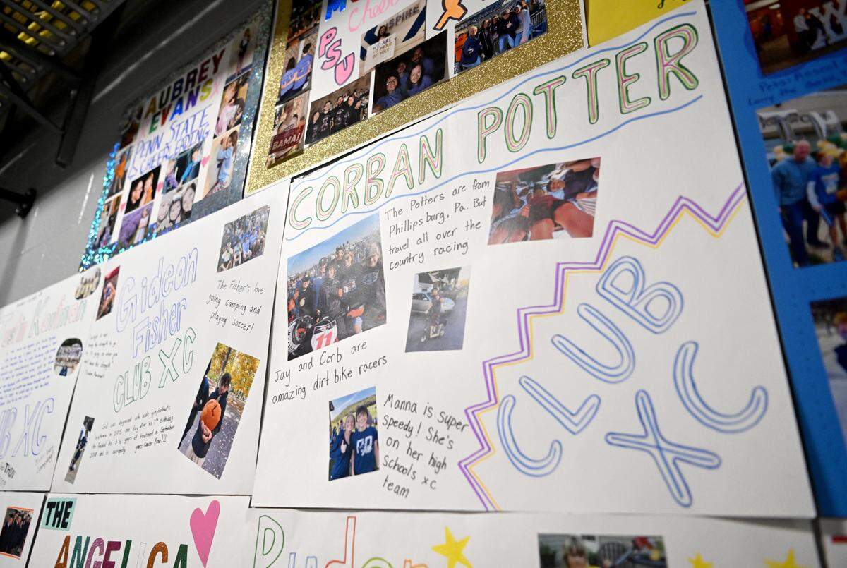 Posters about Four Diamond Children fill a back hall way at the Bryce Jordan Center during the Penn State IFC/Panhellenic Dance Marathon on Saturday Feb. 18, 2023.