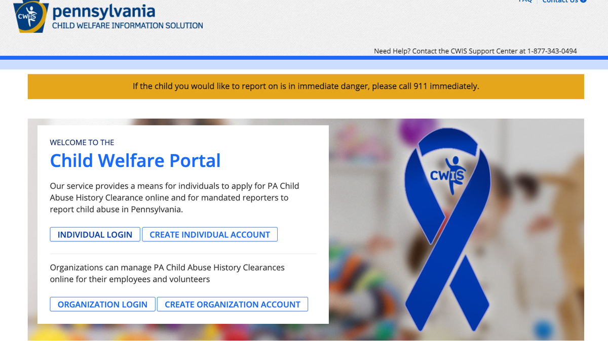A screenshot of the Child Welfare Portal where reporters can report suspected child abuse.