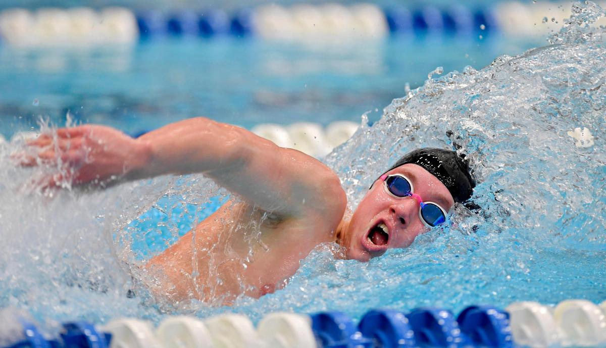 State College’s John Brownstead competes in the boys AAA 200 yard freestyle during the District 6 swimming championships on Friday, Feb. 28, 2020. Brownstead finished in first place.