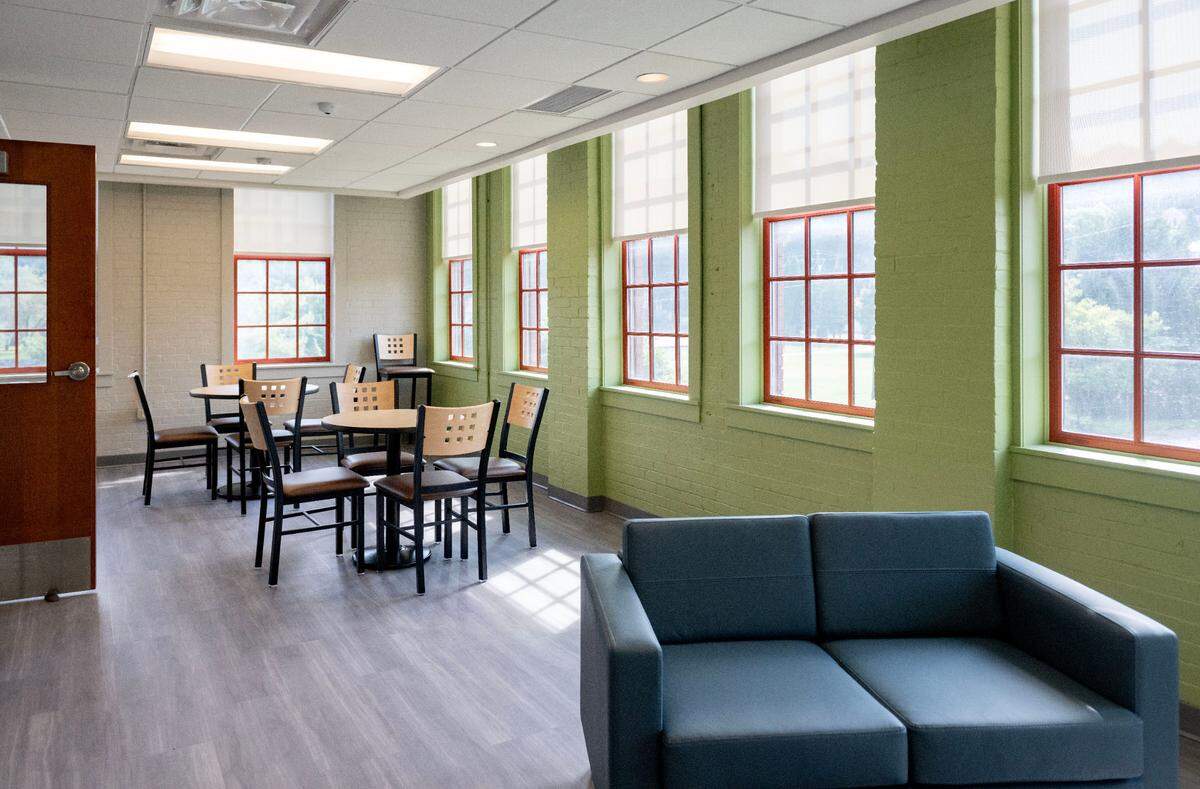 A student lounge at Pennsylvania Highlands Community College’s new location in Bellefonte looks over Talleyrand Park.