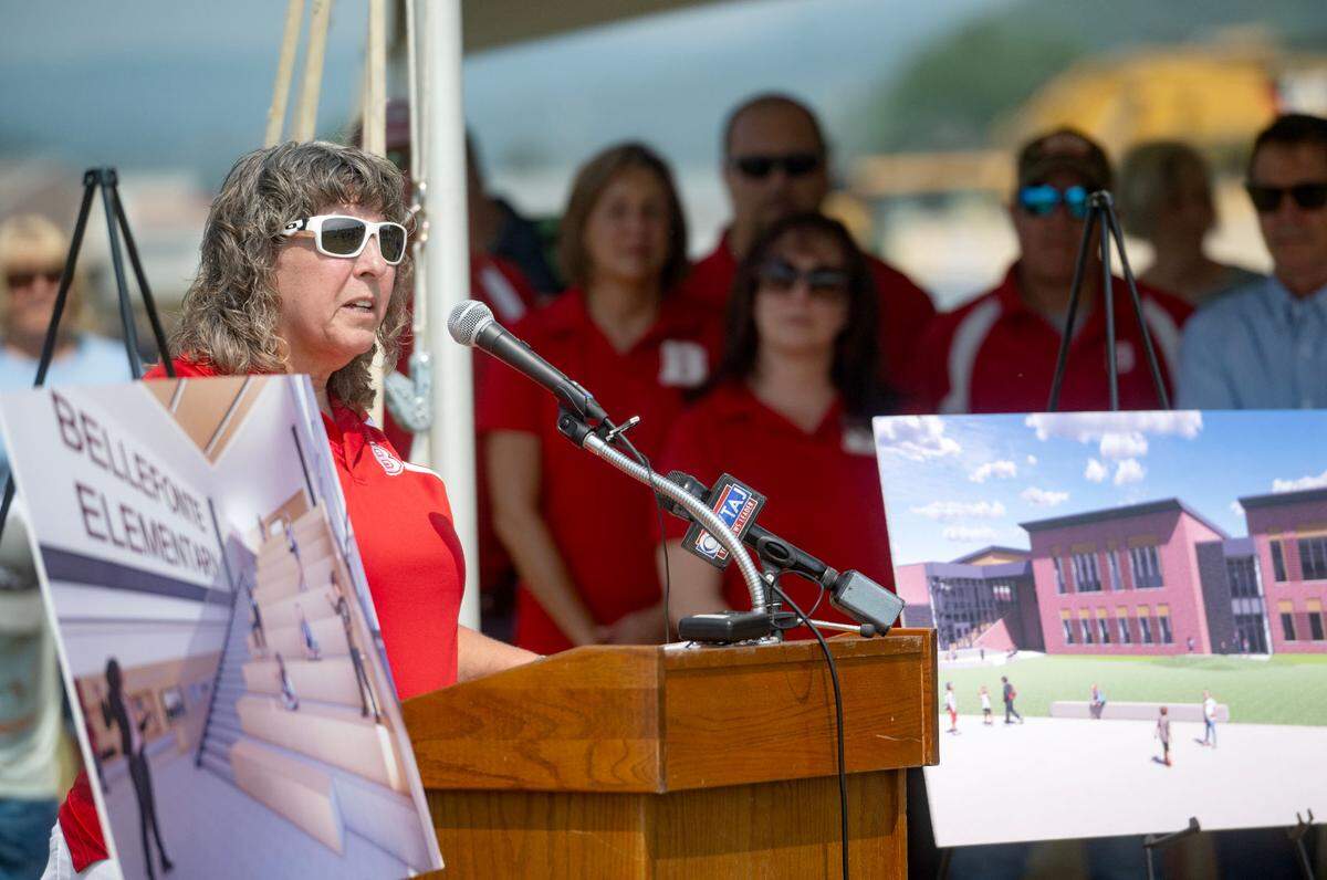 Bellefonte Area School District Superintendent Tammie Burnaford talks about the new Bellefonte Elementary School during a groundbreaking ceremony on Friday, June 21, 2024.