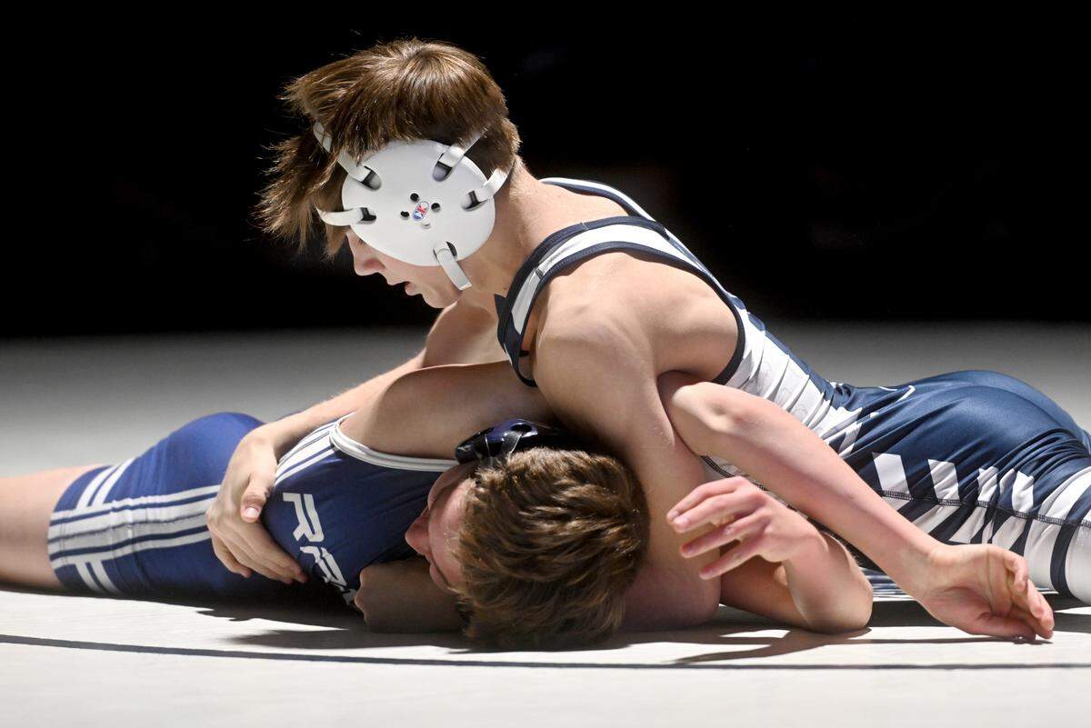 Philipsburg-Osceola’s Caleb Hummel controls Penns Valley’s Connor Myers in the 107 lb bout of the match on Tuesday, Jan. 31, 2023 as part of the the District 6 team tournament.