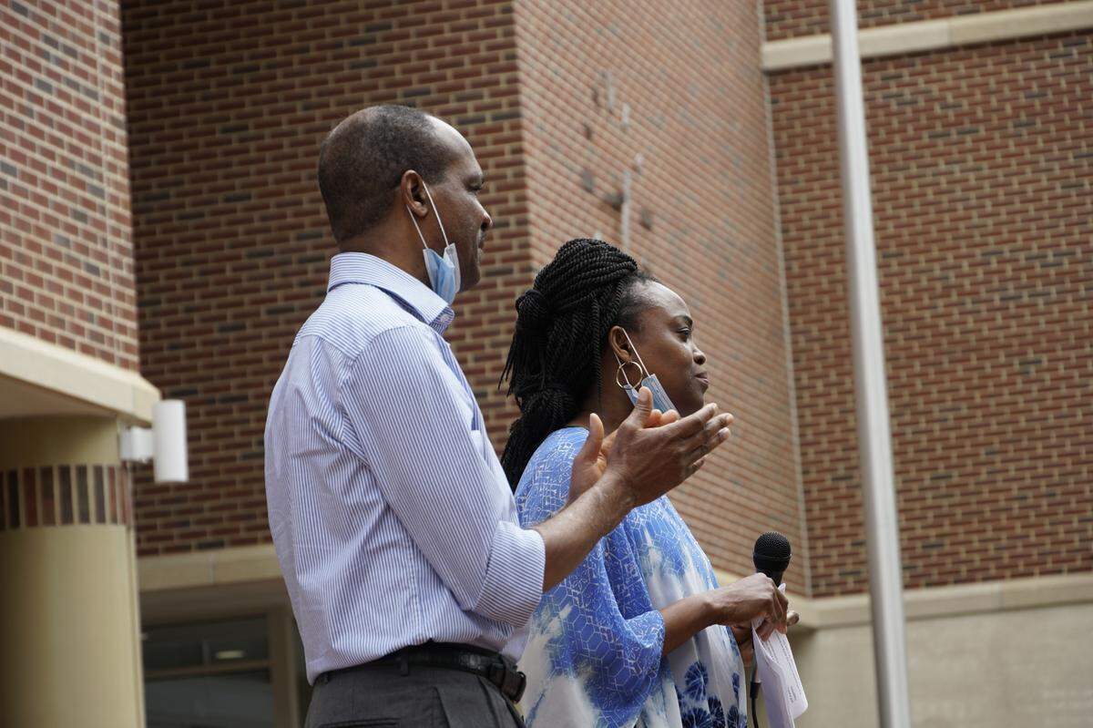 Sylvester and Iyun Osagie speak at a June 2020 Black Lives Matter protest in State College about their son, Osaze Osagie, who was fatally shot by a State College police officer in 2019.
