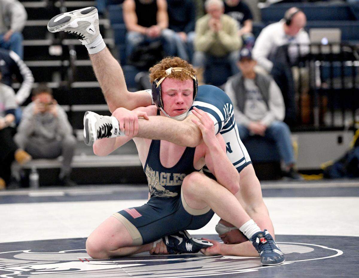 Bald Eagle Area’s Dawson Lomison controls Philipsburg-Osceola’s Ace Foster in the 139 lb bout during the match on Tuesday, Jan. 7, 2025. Lomison won by major decision, 8-0.