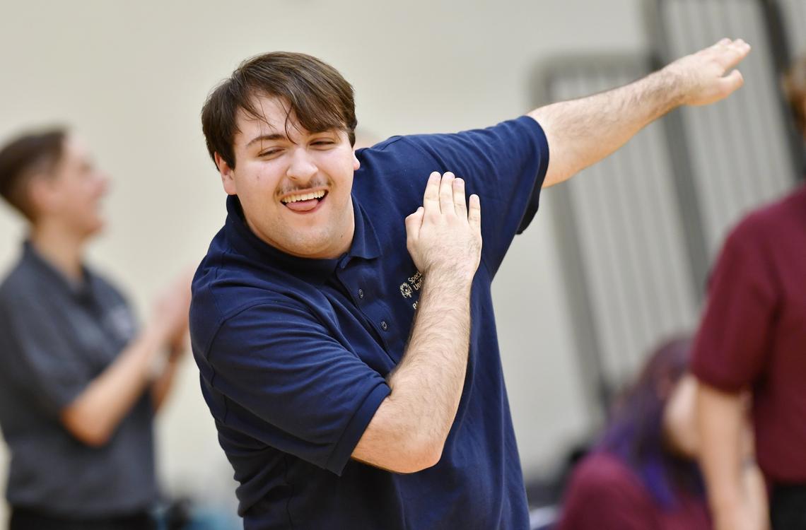 Bald Eagle Area’s Thomas Shaheen celebrates his roll during the unified bocce match against State College on Thursday.