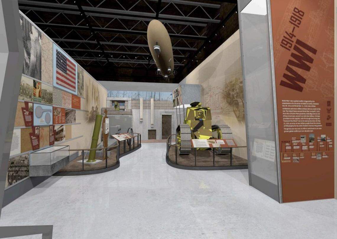 This preliminary rendering, produced by The Design Minds Inc., shows the WWI Gallery from the perspective of a visitor standing in front of the WWII Gallery at the Pennsylvania Military Museum. The gallery includes a rare M1917 tank, the first tank built by the U.S. and one of only a handful that are known to have survived.