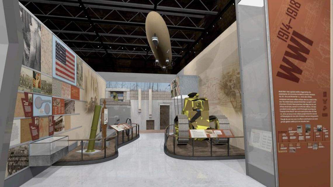 This preliminary rendering, produced by The Design Minds Inc., shows the WWI Gallery from the perspective of a visitor standing in front of the WWII Gallery at the Pennsylvania Military Museum. The gallery includes a rare M1917 Tank, the first tank built by the U.S. and one of only a handful that are known to have survived.