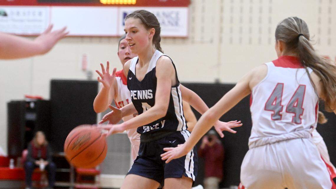 Penns Valley’s Ann-Marie McMurtrie dribbles down the court with the ball around Bellefonte defenders during the game on Monday, Jan. 23, 2023.
