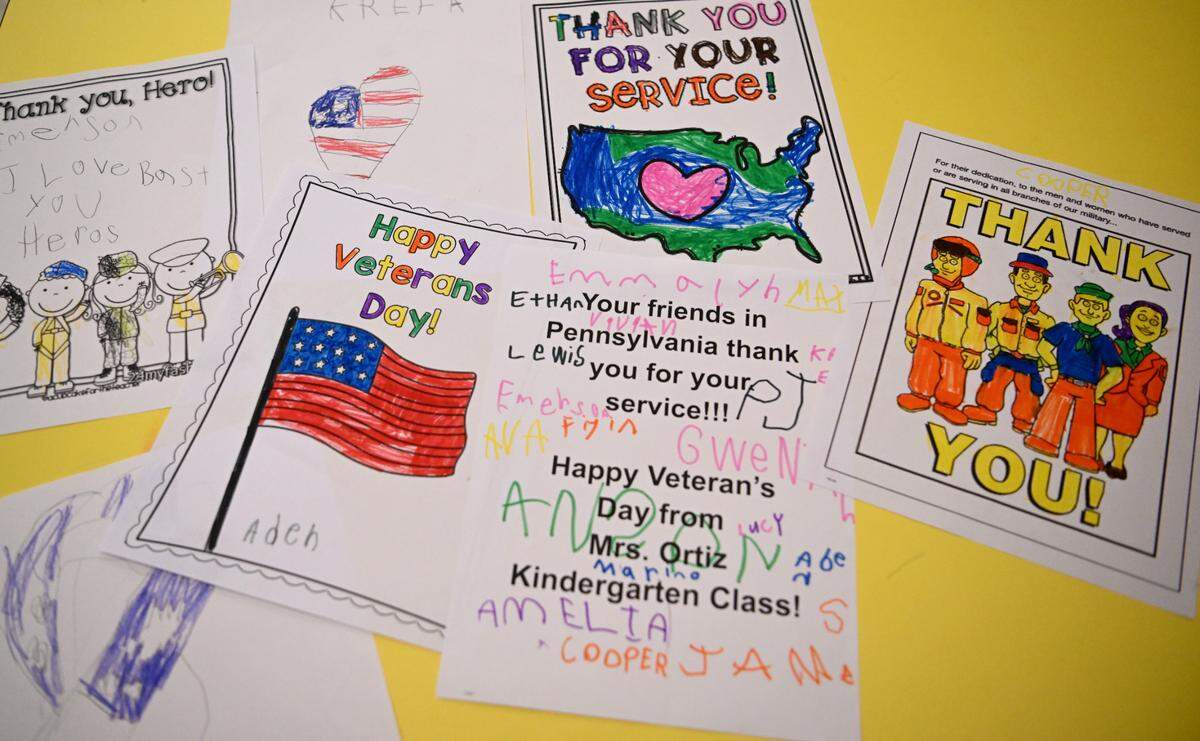 Janette Ortiz’s kindergarten class at Park Forest Elementary School made cards to send to a students aunt who is in the military as part of Veterans Day activities on Friday, Nov. 11, 2022.