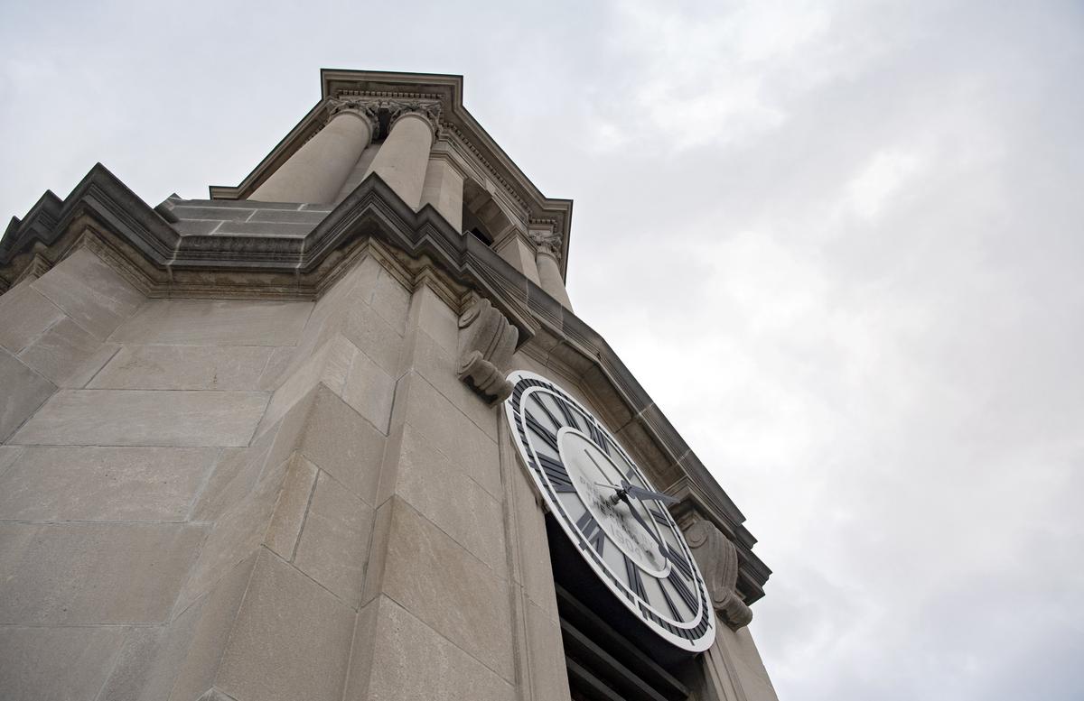 Restoration of the bell tower on Old Main is nearing completion and scaffolding has been removed.