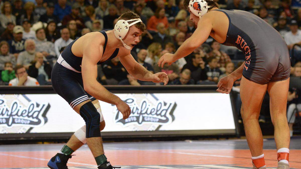 Penn State’s Brady Berge (left) made his debut in a dual for the Nittany Lions in a 42-3 win over Bucknell on Friday night. Berge did it emphatically with a 25-10 technical fall over the Bison’s Joey Schiele.