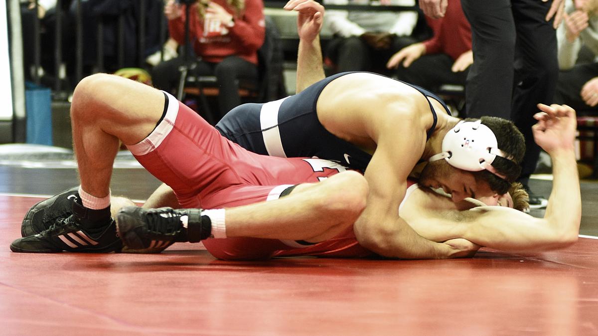 Penn State’s Shayne Van Ness looks to pin Rutgers’ Tony White in their 149-pound bout of the Nittany Lions’ 33-8 rout on Friday, Feb. 10, 2023 in Piscataway, N.J. Van Ness topped White, 21-9.