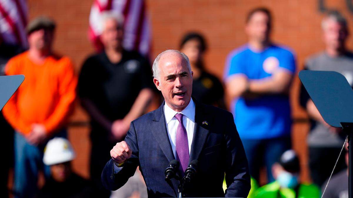 Sen. Bob Casey, D-Pa., speaks at the Metal Worker’s Local Union No. 19 in Philadelphia, Tuesday, April 12, 2022.