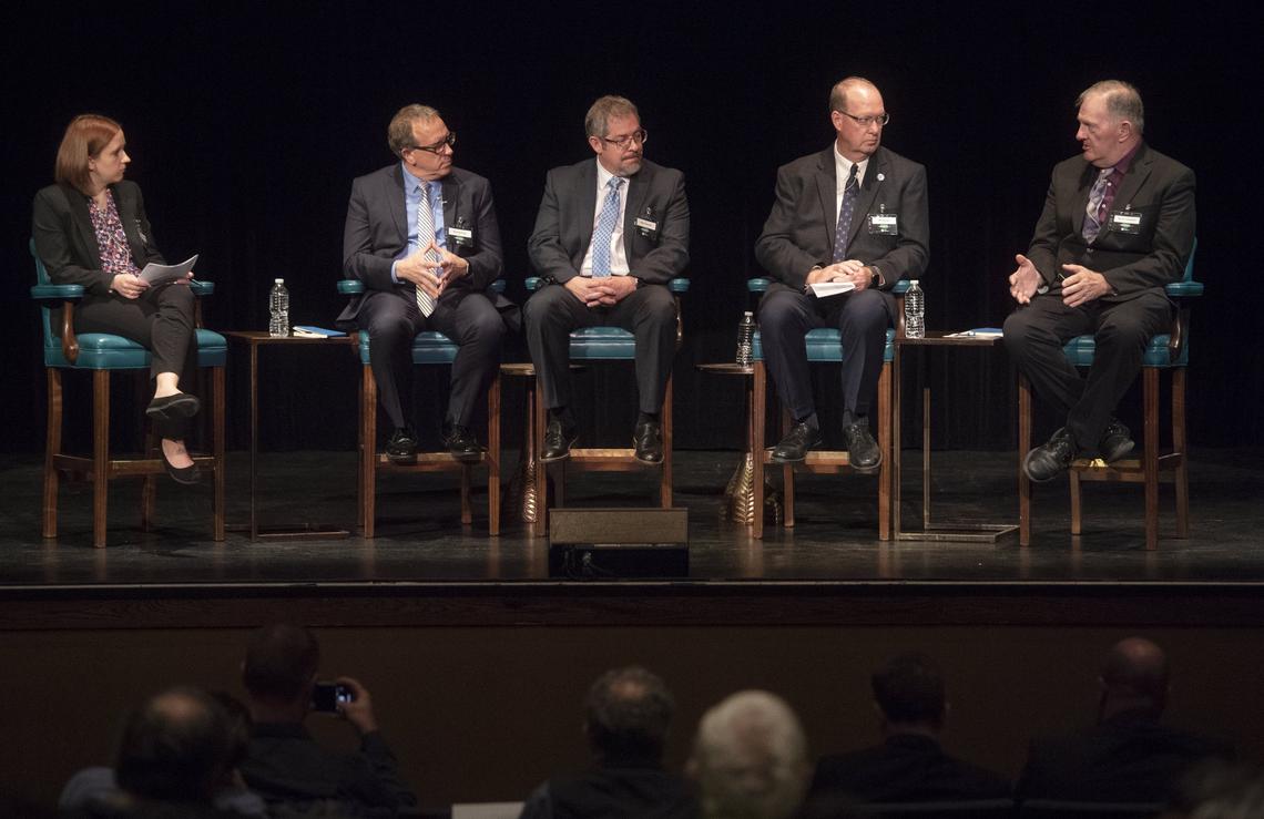 Panelists Michael Kubit, Steve Samara, Vern Squier and Wanye Campbell discus the private sector solutions during the Pennsylvania Priorities event by the Centre Daily Times to discuss the rural broadband crisis on Wednesday, April 24, 2019 at the State Theatre.