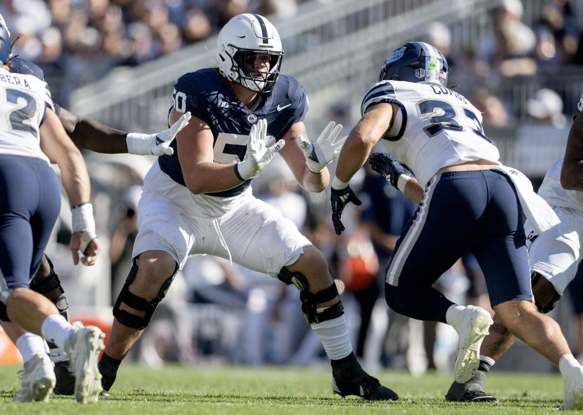Penn State offensive lineman Cooper Cousins blocks during the game against Nevada on Saturday, Aug. 30, 2025 at Beaver Stadium.