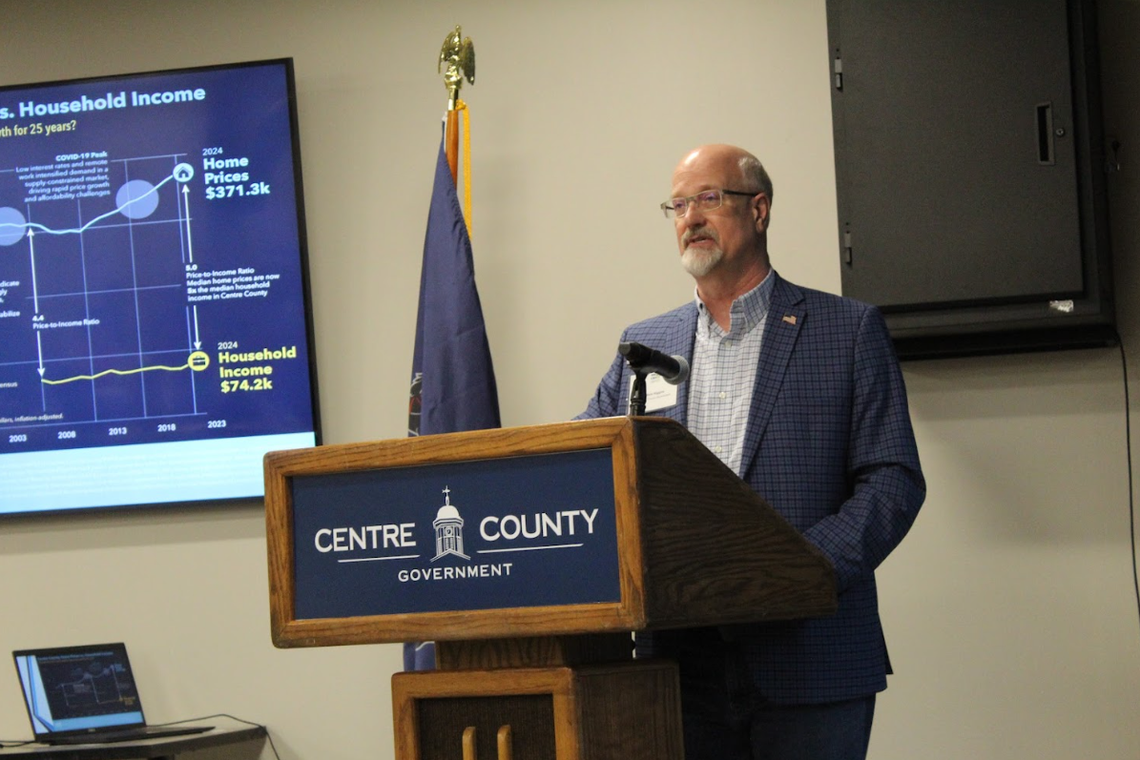 Centre Coutny Commissioner Mark Higgins speaks at the Centre County Housing Summit on Wednesday, March 4, 2026.