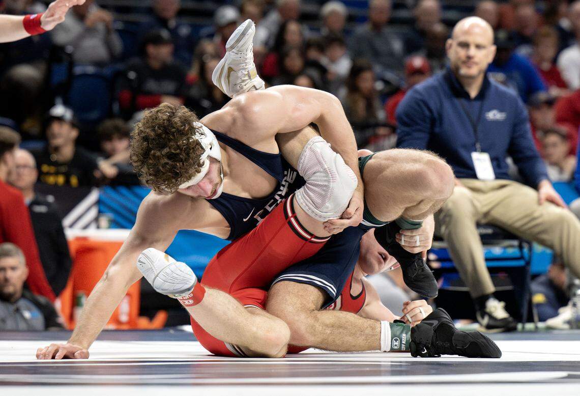 Penn State's Mitchell Mesenbrink controls Ohio State’s Paddy Gallagher in a 165-pound quarterfinal bout of the Big Ten wrestling championships on Saturday, March 7, 2026 at the Bryce Jordan Center.