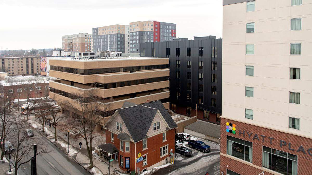 The view from the top of the Beaver Avenue Garage is now full of high-rises including the Metropolitan, the Standard, and the Fraser Center on Wednesday, Feb. 2, 2022.