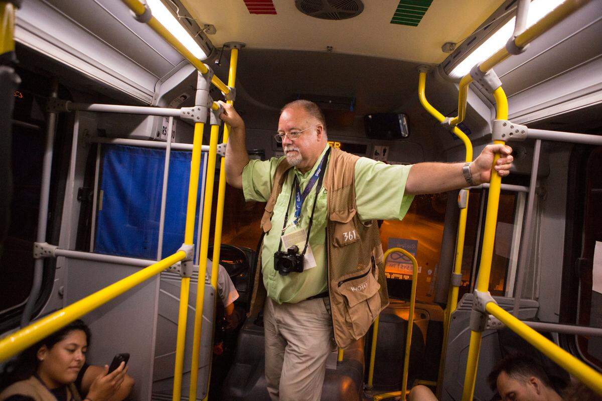 Curt Chandler riding the shuttle bus at the end of a long day at the 2016 Paralympic Games in Rio de Janeiro, Brazil, on Sunday, Sept. 18, 2016.
