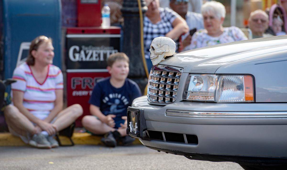 A skull as a hood ornament on a hearse during the Bellefonte Cruise on Friday, June 17, 2022.