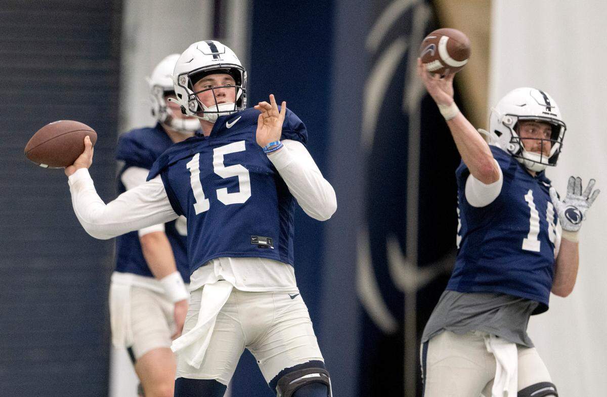 Penn State quarterback Drew Allar makes a pass during practice on Wednesday, Oct. 26, 2022.